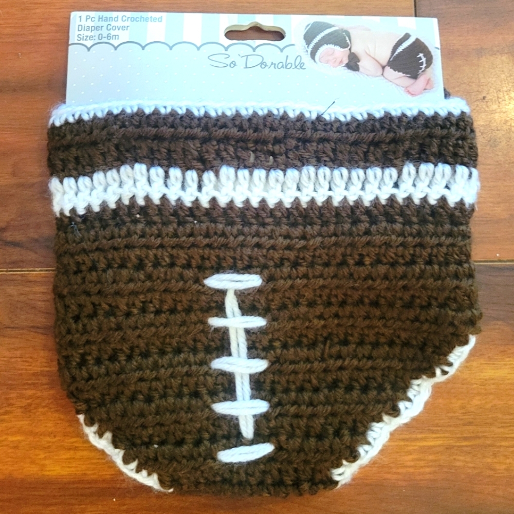 NWT So 'Dorable Brown and White Hand Crocheted Football Diaper Cover